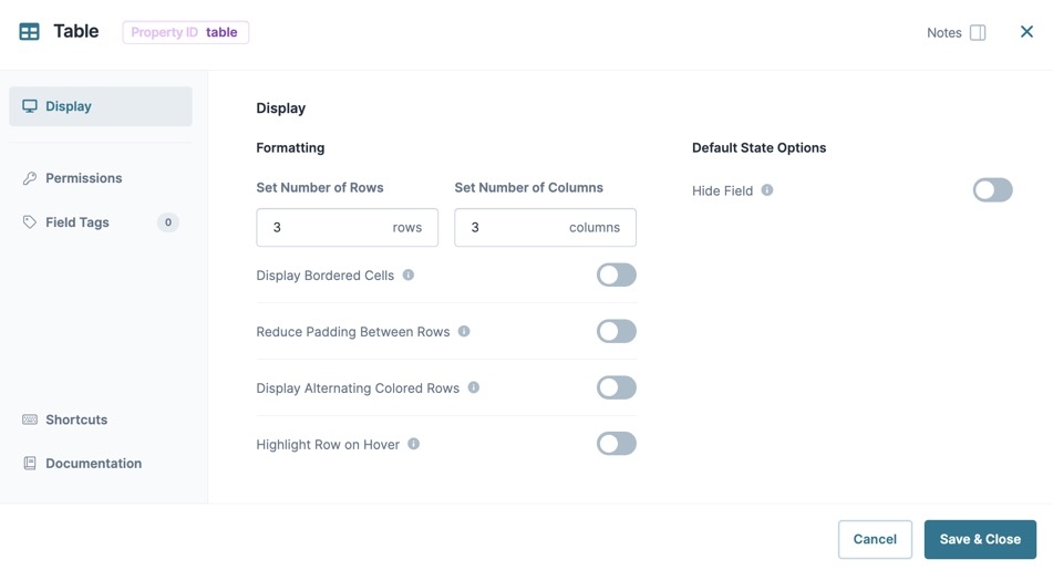 A static image displaying the Table component's Display settings.