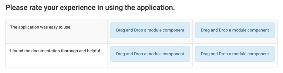 A static image displaying the Module Editor's Canvas. The Table component and three HTML components help shape how the survey will look.