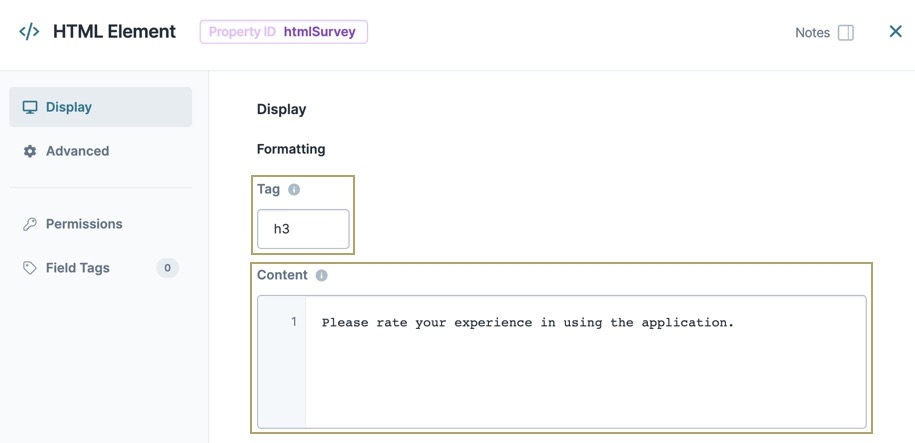 A static image displaying the HTML Element's settings. The Tag and Content fields are highlighted and filled out.