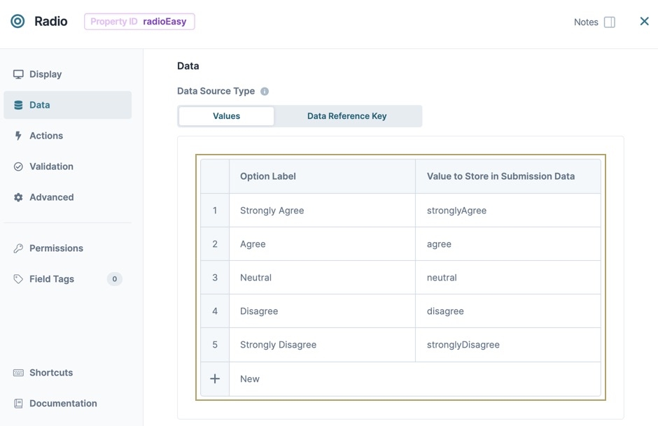 A static image displaying one of the Radio buttons component's configuration window. The Values table is displayed and the Option Label and Value to Store fields are filled out.