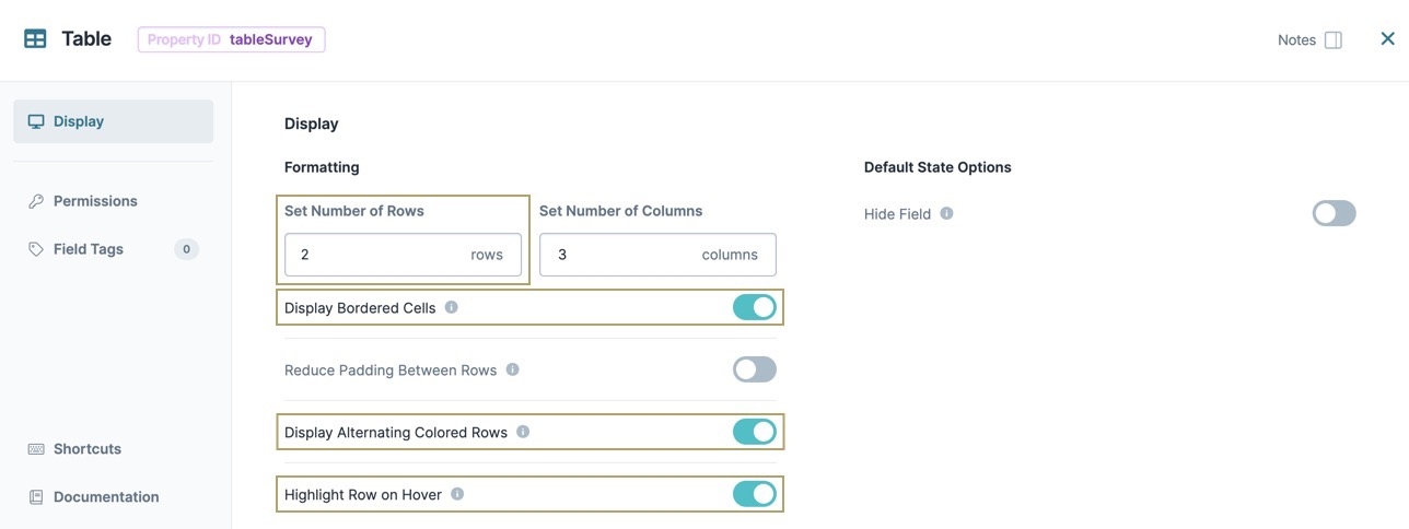 A static image displaying the Table component's Display settings.