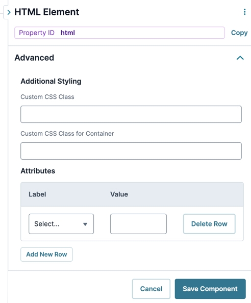A static image displaying the UDesigner HTML Element's Advanced settings.