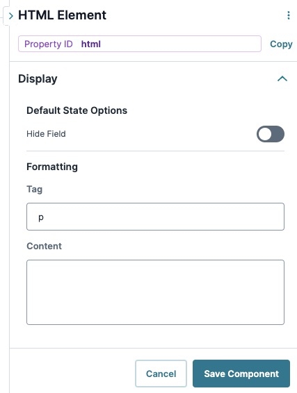 A static image displaying the UDesigner HTML Element's Display settings.