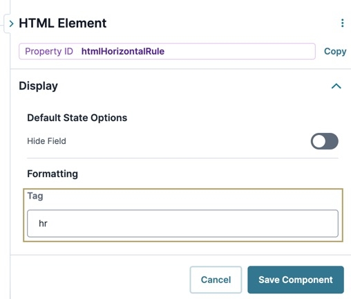 A static image showing the HTML Element component, the Tag setting value is set to hr.