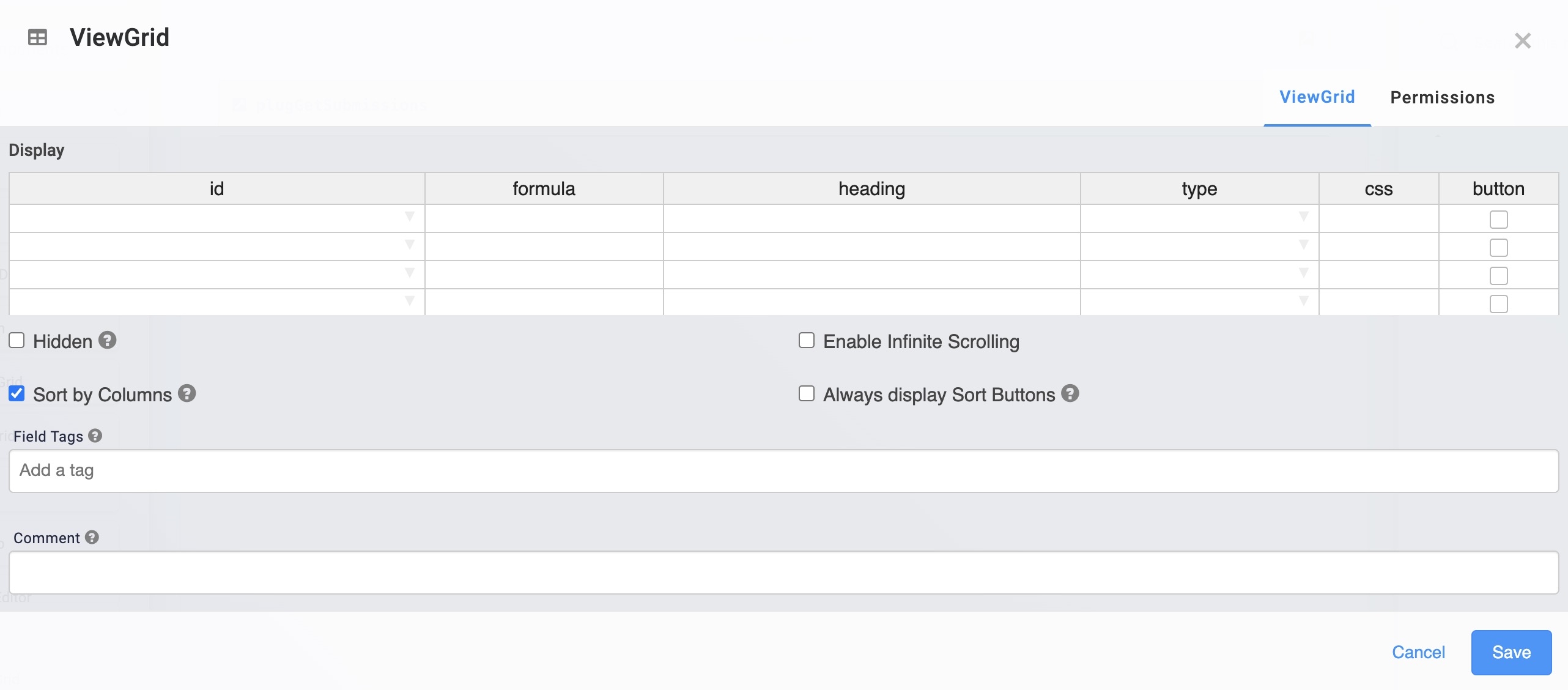 A static image dispaying the ViewGrid component's Display settings.