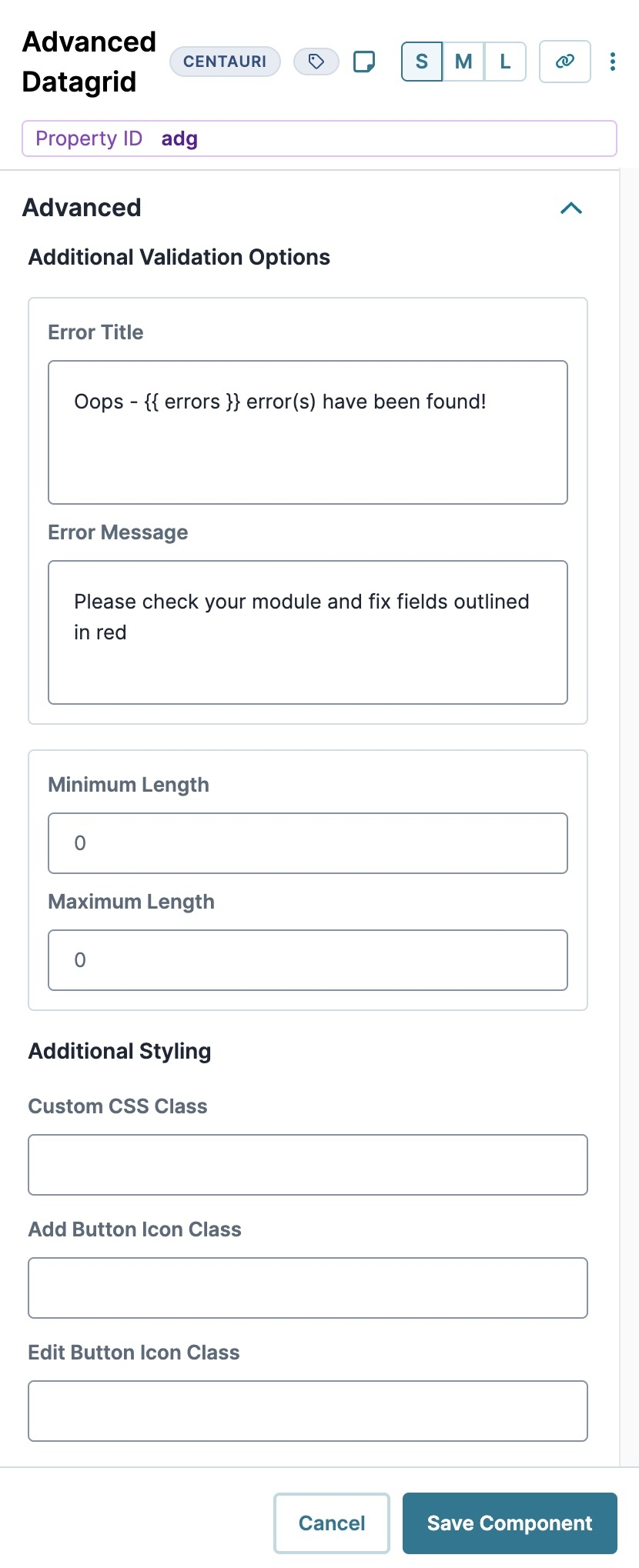 A static image displaying the Advanced Data Grid's Advanced settings.