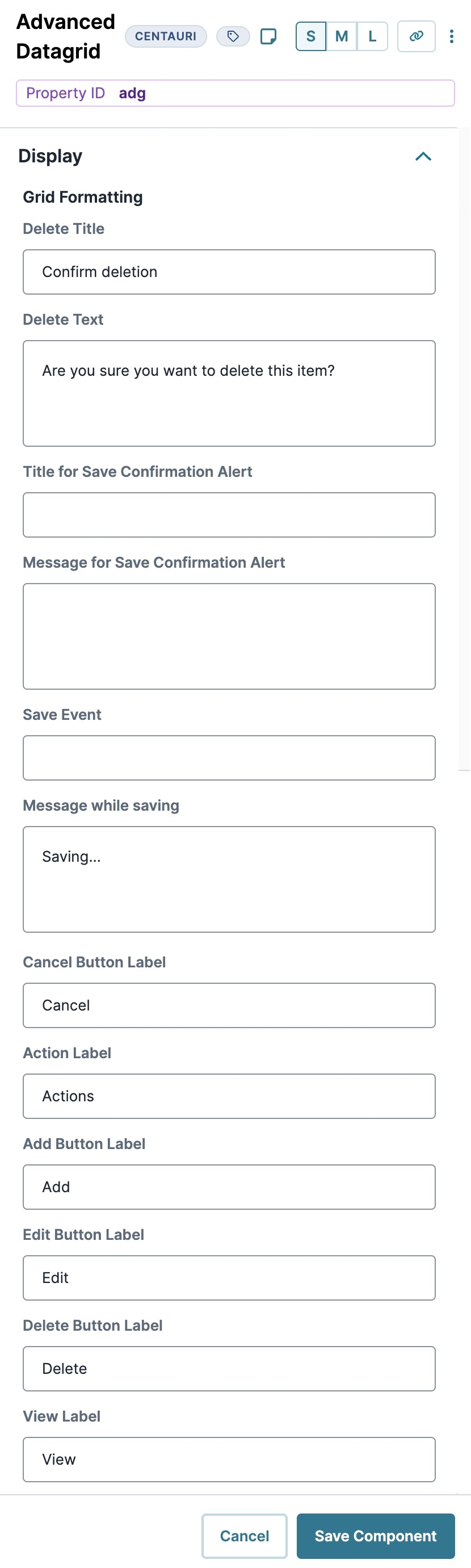 A static image displaying the Advanced Data Grid's Display settings.