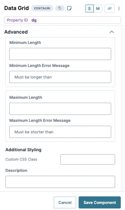 A static image displaying the Data Grid Component's Advanced settings.