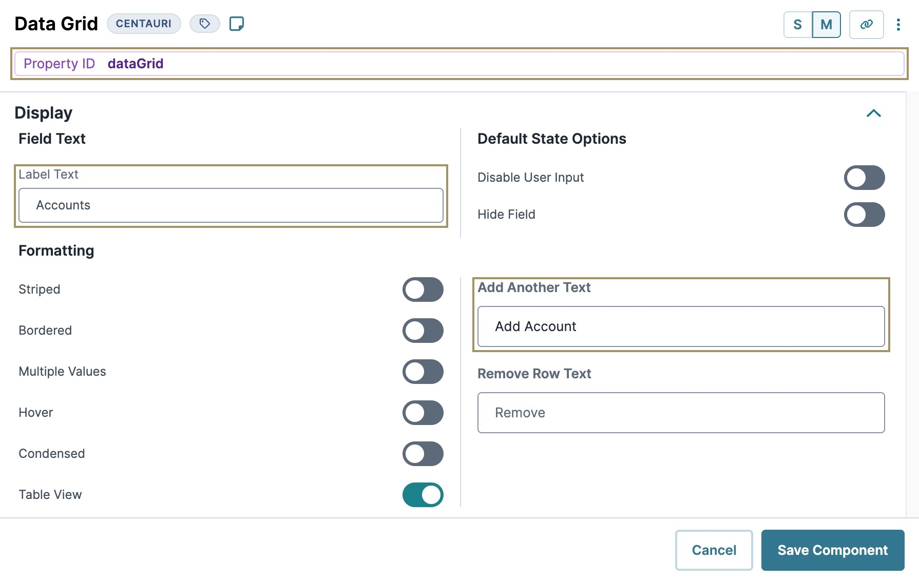 A static image displaying the Data Grid component's Display settings.