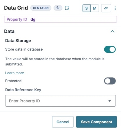 A static image displaying the Data Grid Component's Data settings.