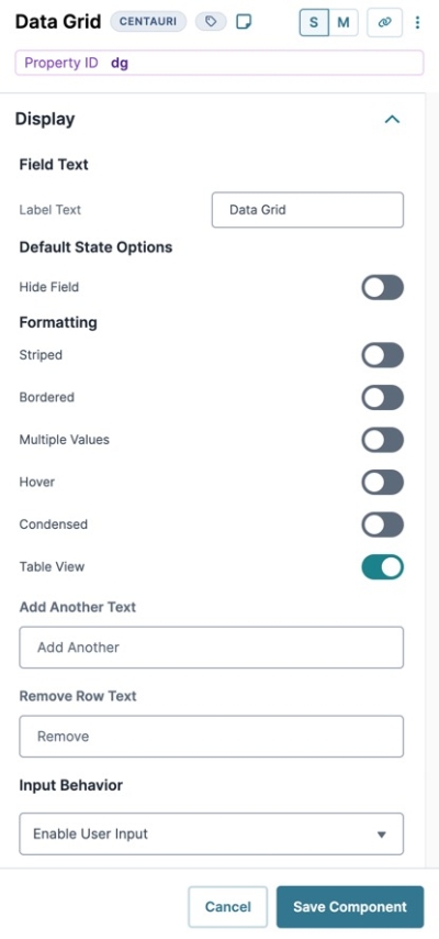 A static image displaying the Data Grid Component's Display settings.