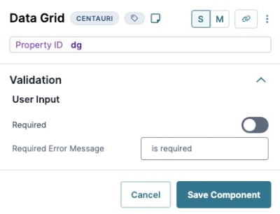 A static image displaying the Data Grid Component's Validation settings.