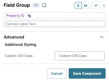 A static image displaying the UDesigner Field Group Component's Advanced settings.
