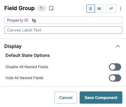 A static image displaying the UDesigner Field Group Component's Display settings.