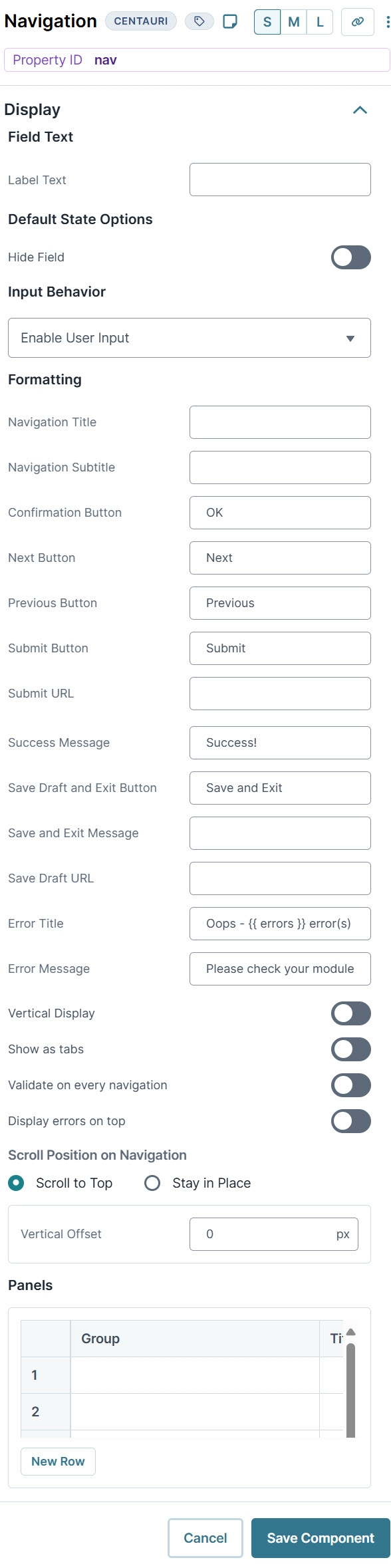 A static image displaying the Navigation component's Display settings.