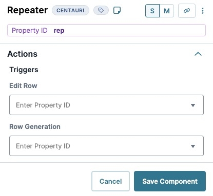 A static image displaying the Repeater component's Actions settings.