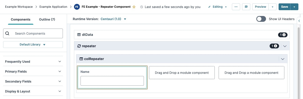 A static image displaying the Text Field component inside of the Column component inside of the repeater component.