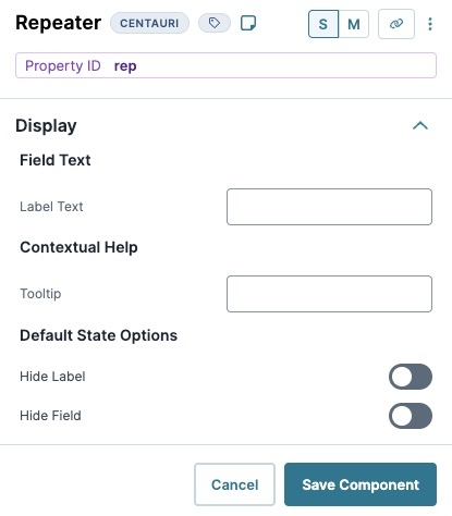 A static image displaying the Repeater component's Display settings.