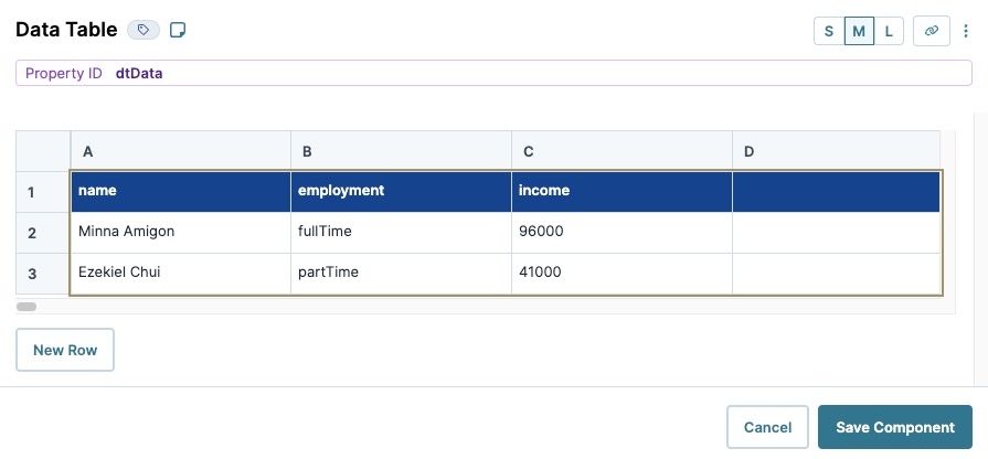 A static image displaying the Data Table component's configuration window.