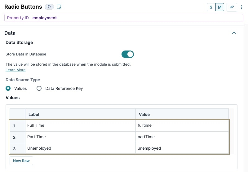 A static image of the Radio Buttons component's configuration window.