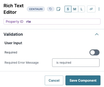 A static image displaying the Rich Text Editor's Validation settings.