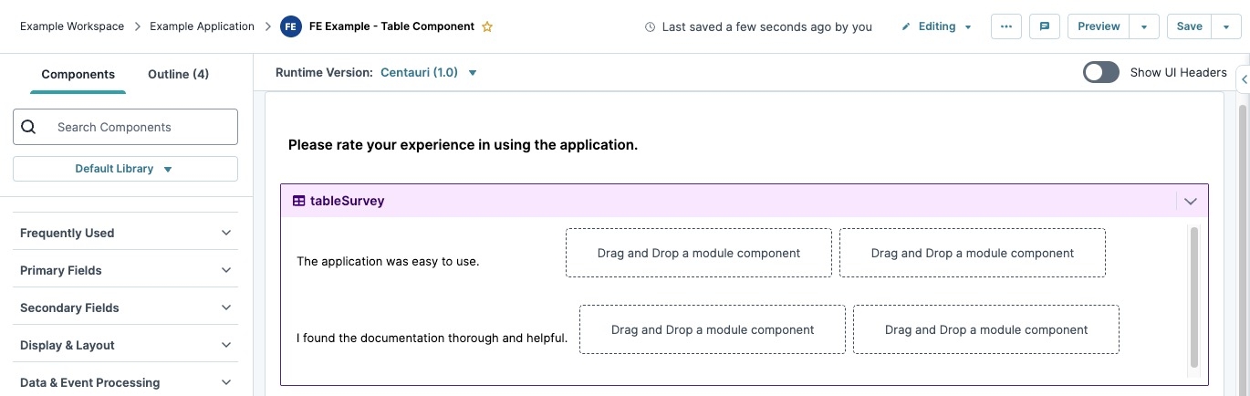 A static image displaying the Module Editor's Canvas. The Table component and three HTML components help shape how the survey will look.