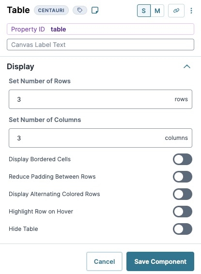 A static image displaying the Table component's Display settings.