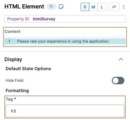 A static image displaying the HTML Element's settings. The Tag and Content fields are highlighted and filled out.