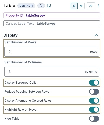 A static image displaying the Table component's Display settings.
