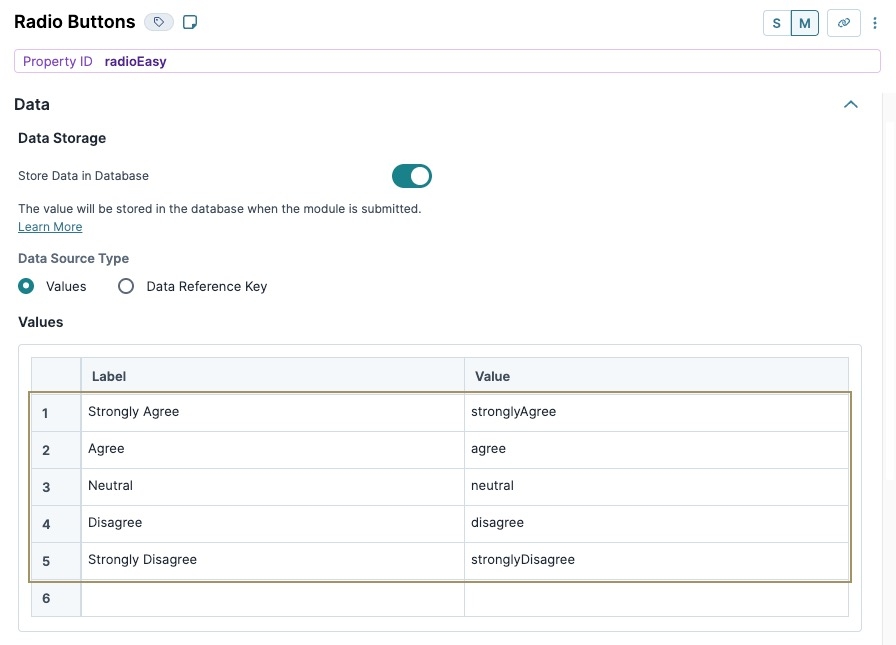 A static image displaying one of the Radio buttons component's configuration window. The Values table is displayed and the Option Label and Value to Store fields are filled out.
