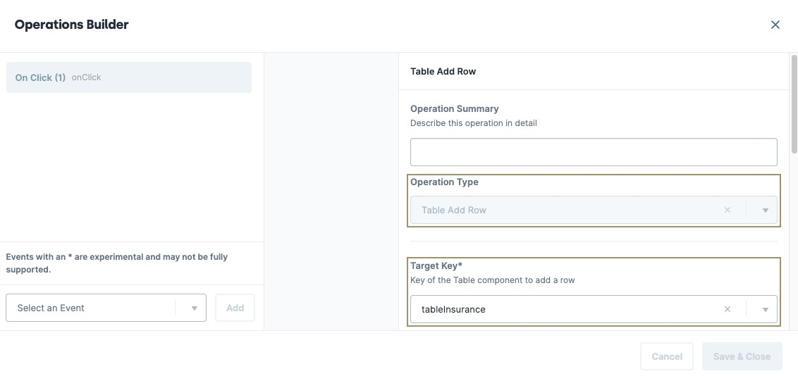 A static image displaying the Button component's Events & Operations builder.