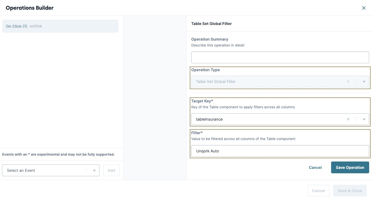 A static image displaying the Button component's Events & Operations builder.