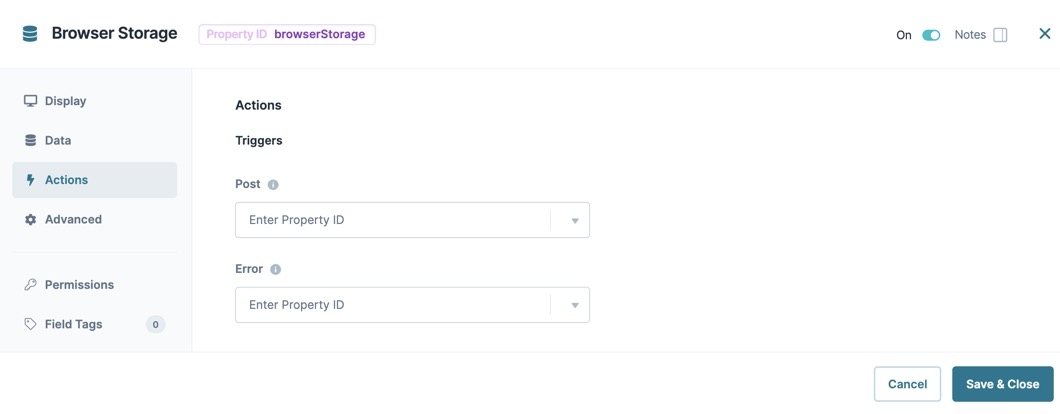 A static image displaying the Browser Storage component's Configuration Actions settings.