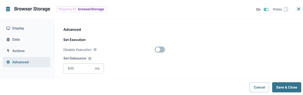 A static image displaying the Browser Storage component's Advanced settings.