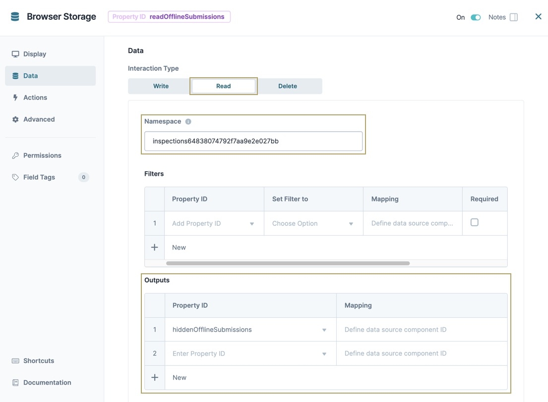 A static image displaying the Browser Storage component's Data Settings. The Interaction type is set to Read, the Namespace is filled, and the Outputs table contains the hiddenOfflineSubmissions Property ID.