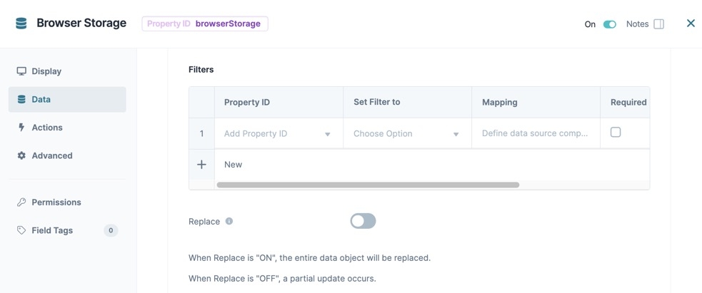 A static image displaying the Browser Storage's Data Filter settings.