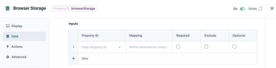 A static image displaying the Browser Storage component's Data Inputs table.
