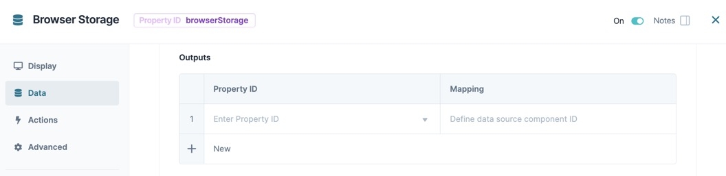 A static image displaying the Browser Storage component's Data Outputs table.