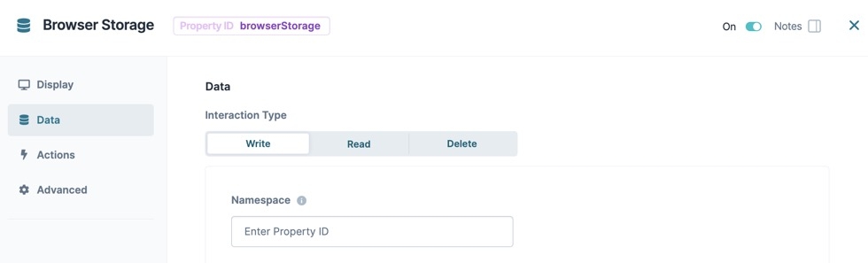 A static image displaying the Browser Storage component's configuration window Data settings.