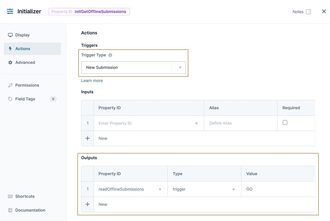 A static image displaying the Initializer component's Acction settings. The Trigger Type is set to New Submission and the  Outputs Table includes a row with the readOfflineSubmissions property ID.