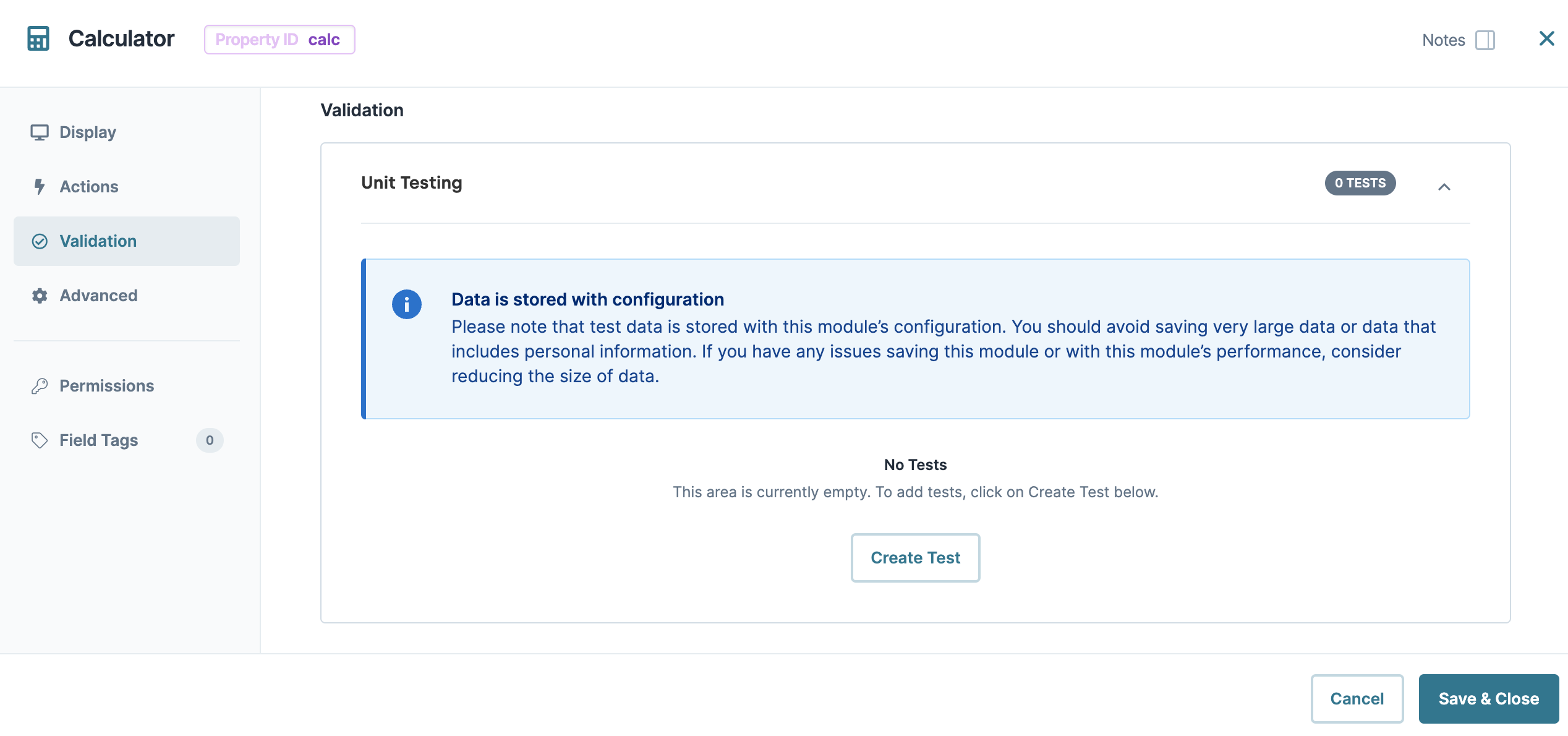 A static image dispaying the Calculator component's Validation settings.