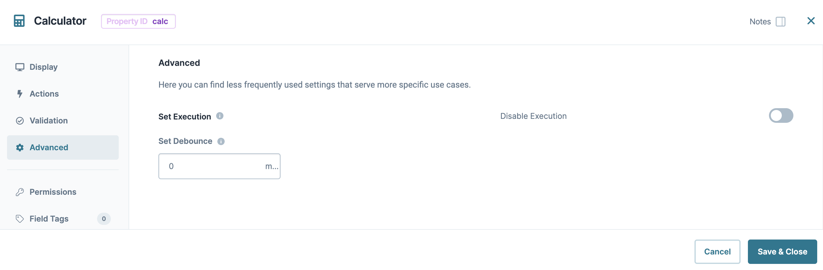 A static image dispaying the Calculator component's Advanced settings.