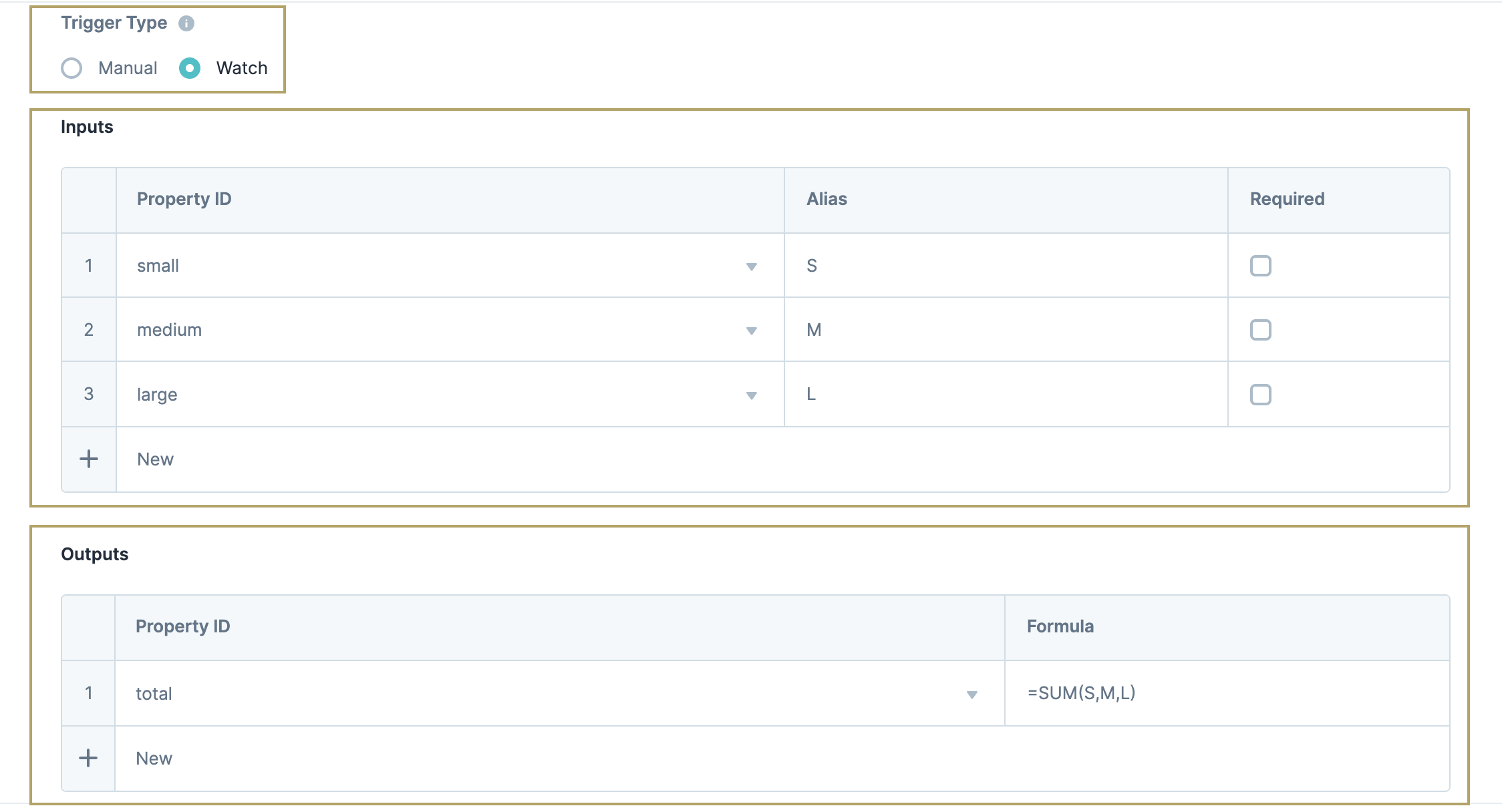 A static image displaying the Calculator component's Trigger Type setting, Inputs and Outputs tables.