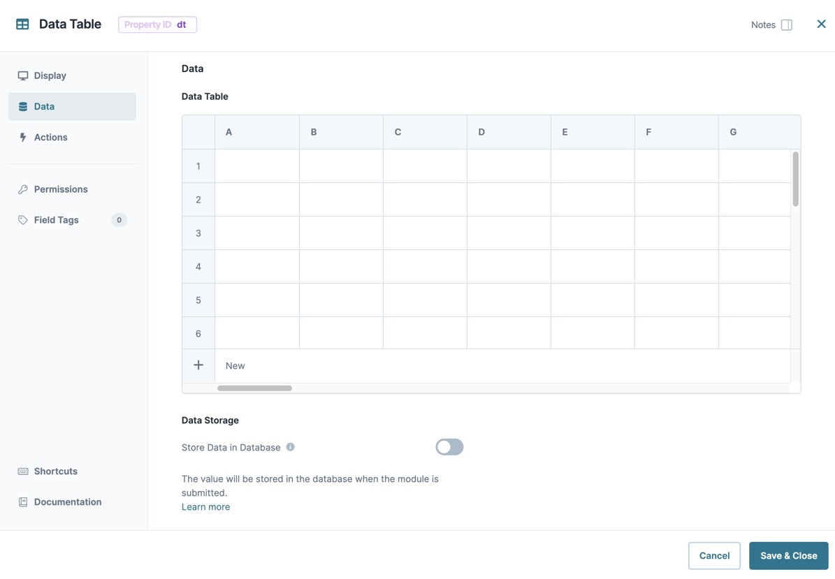 A static image dispalying the Data Table component's Data Settings