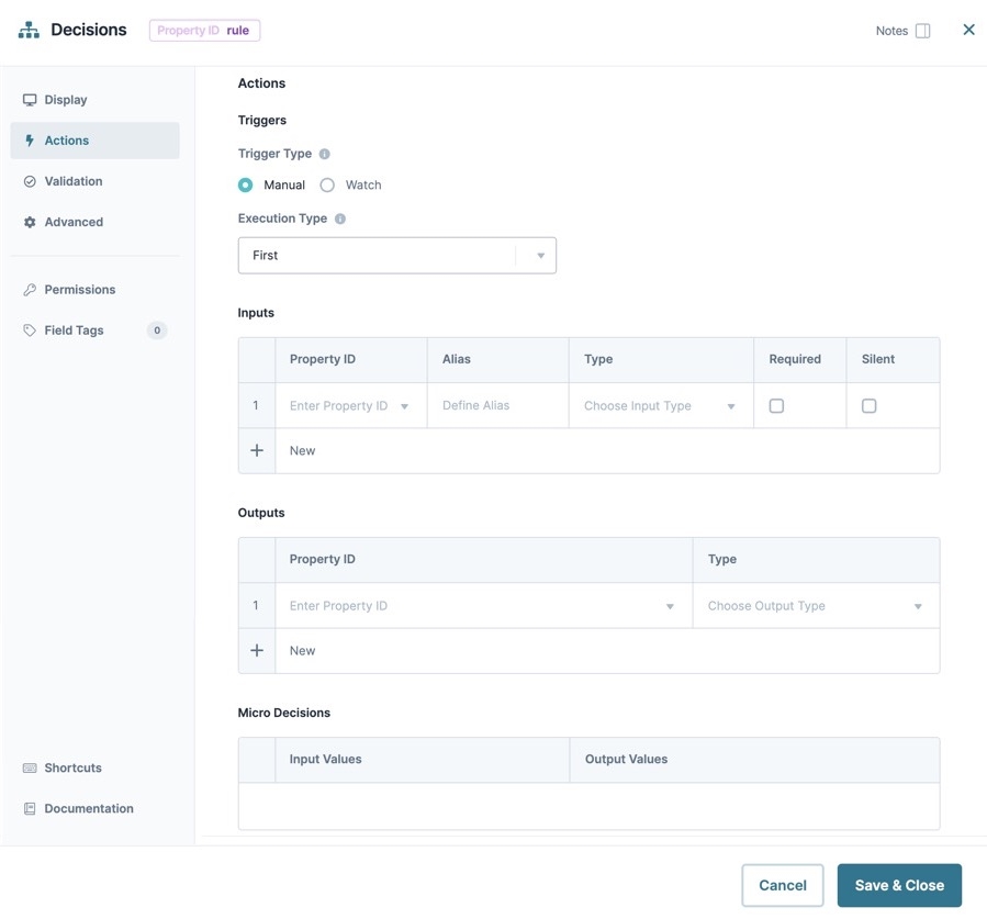 A static image dispaying the Decisions component's Actions settings.