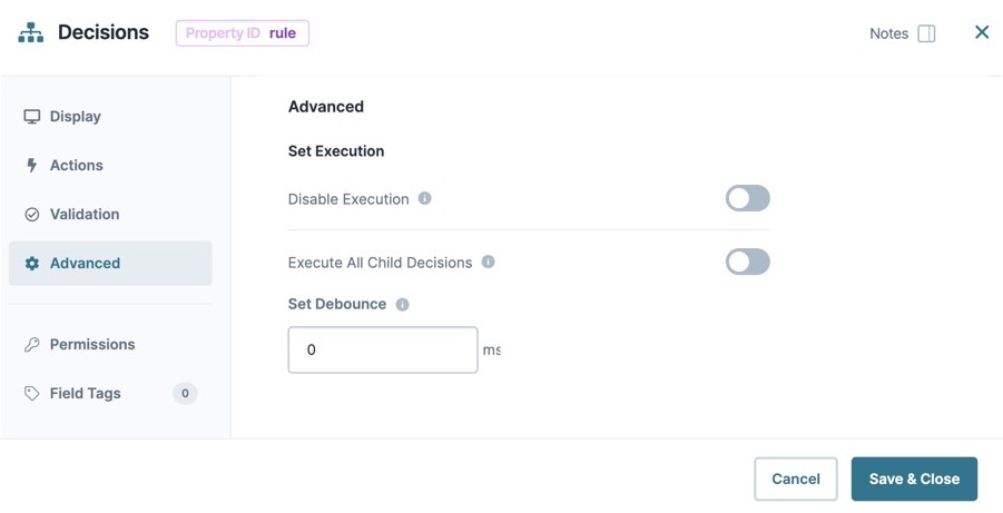 A static image dispaying the Decisions component's Advanced settings.