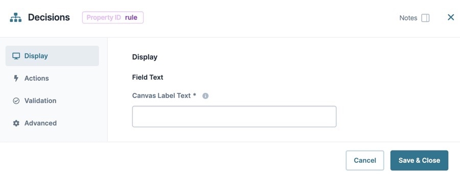 A static image dispaying the Decisions component's Display settings.