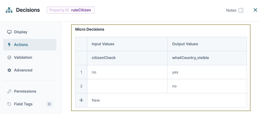 A static image displaying the Decisions component's Actions settings, the Microdecisions table is highlighted and filled out.