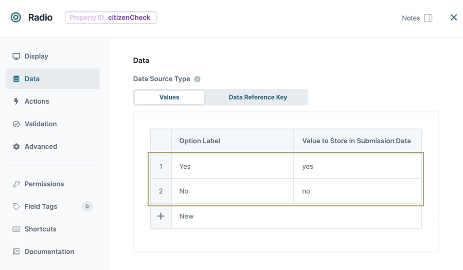 A static image displaying the Radio Button component configuration window, the Data panel is selected and the Values data table is filled out with Yes and No values.