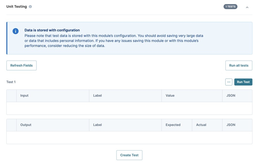 A static image of the Decisions Component's Unit Testing settings.